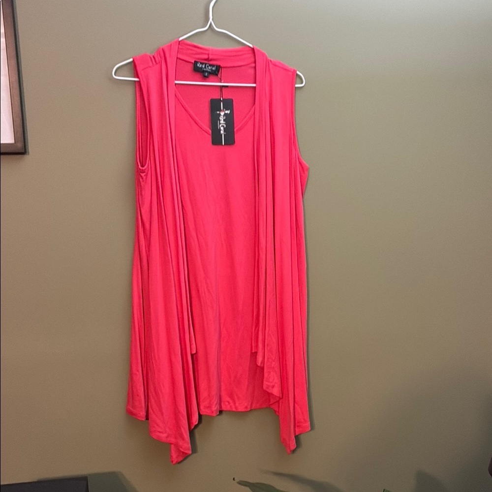Red Coral Vibrant Pink Sleeveless Tank Top Tunic with a Front Overlay